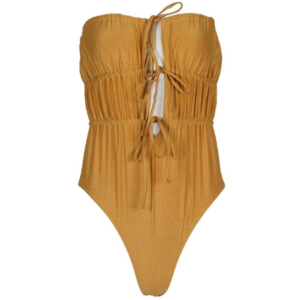 Solid & Striped One Piece Swimsuit Womens Small Strapless Ruched Golden‎ Shimmer